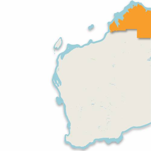 A map of the island of guam with an orange dot.