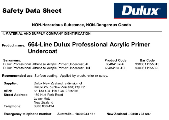 A data sheet of the dulux professional acrylic primer undercoat.