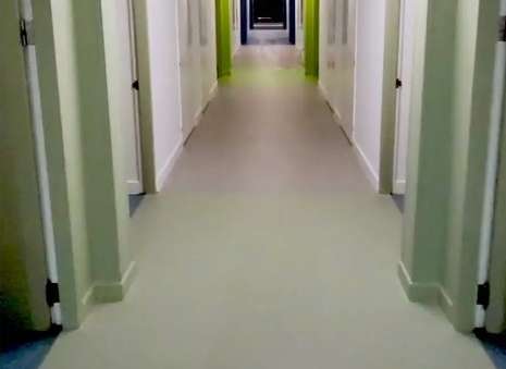 A hallway with two doors and green walls.