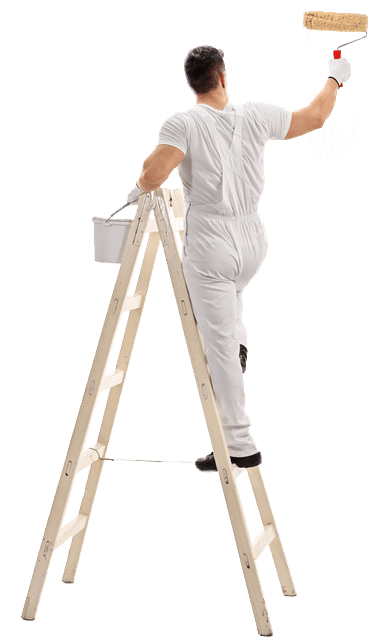 A man standing on top of a ladder holding a paint bucket.